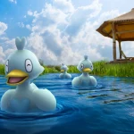 Tres duckling nadando en un estanque.