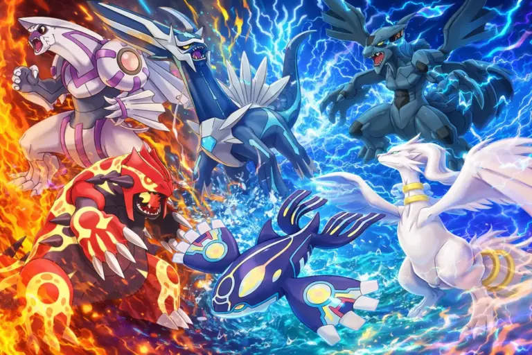 Legendarios Pokémon Primal Groudon Primal Kyogre Dialga Palkia Zekrom y Reshiram en batalla épica fan art