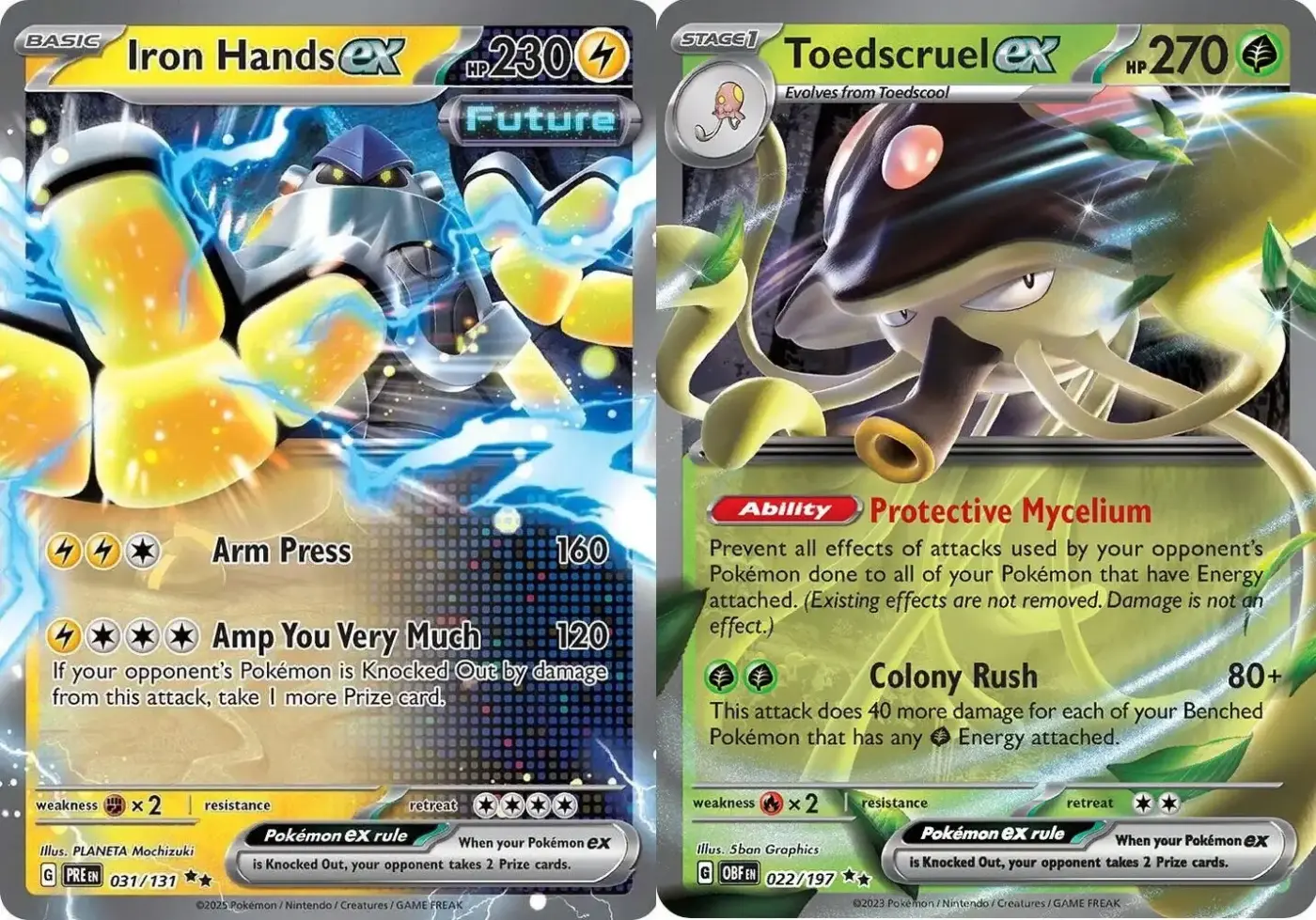 Iron Hands ex 031/131 y Toedscruel ex 022/197 cartas Pokémon TCG con ataques Arm Press y Colony Rush