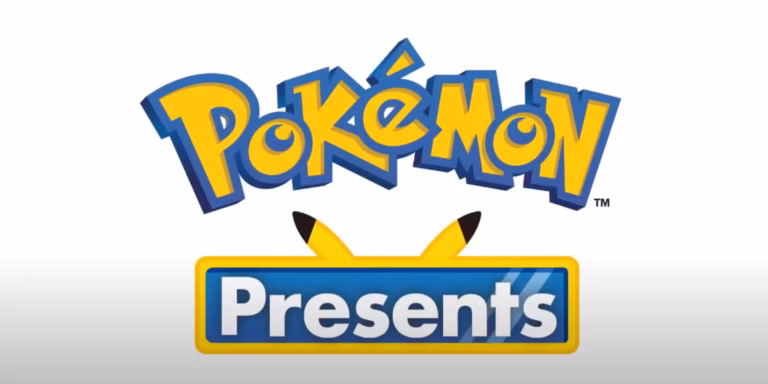 logotipo de POKEMON en amarillo y azul debajo una letras en blanco con fondo azul que dicen PresentS