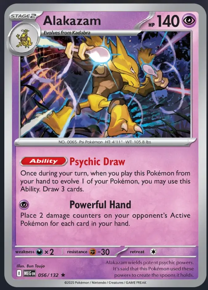 Alakazam 056/132 carta Pokémon TCG tipo psíquico Stage 2 habilidad Psychic Draw set Mega Evolution