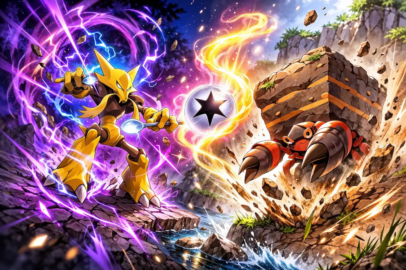 Alakazam atacando a Crustle con Mist Energy entre ambos en batalla Pokémon arte digital fan art