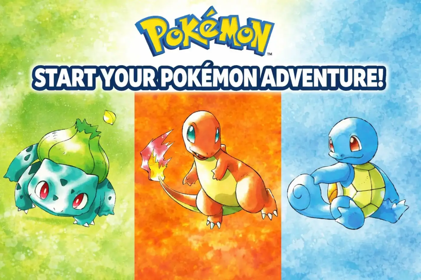Bulbasaur Charmander Squirtle starters Kanto arte oficial Pokémon 30 aniversario Start Your Adventure