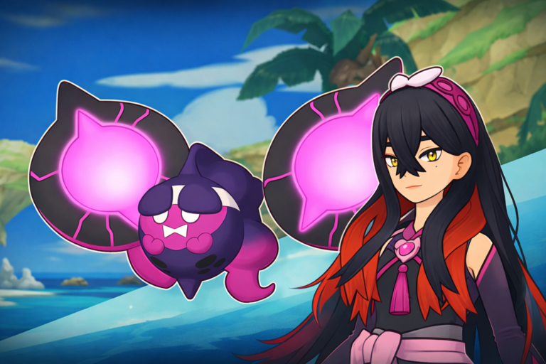 Carmine y Pecharunt Pokémon Masters EX arte oficial con alas oscuras y orbes rosas fondo costero tropical