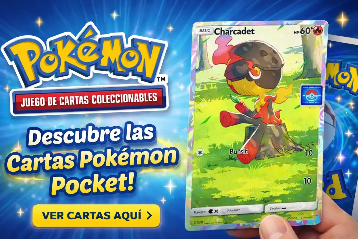Banner Pokémon JCC carta Charcadet Basic HP 60 Pokémon Pocket promocional en español
