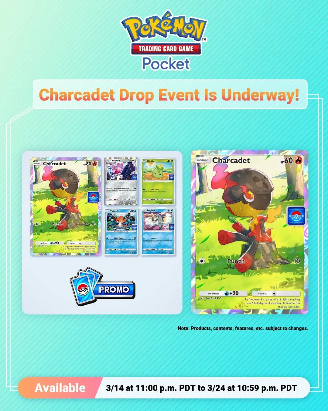 Charcadet Drop Event Pokémon TCG Pocket carta promo Basic HP60 Punch disponible 14 al 24 marzo