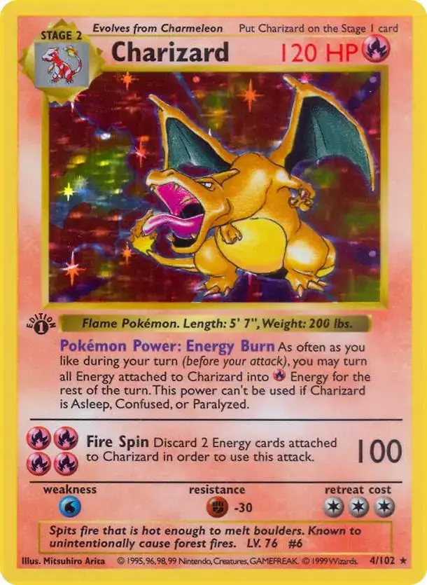 Charizard 4/102 holográfico primera edición Base Set 1999 Pokémon TCG Stage 2 120 HP Energy Burn Fire Spin