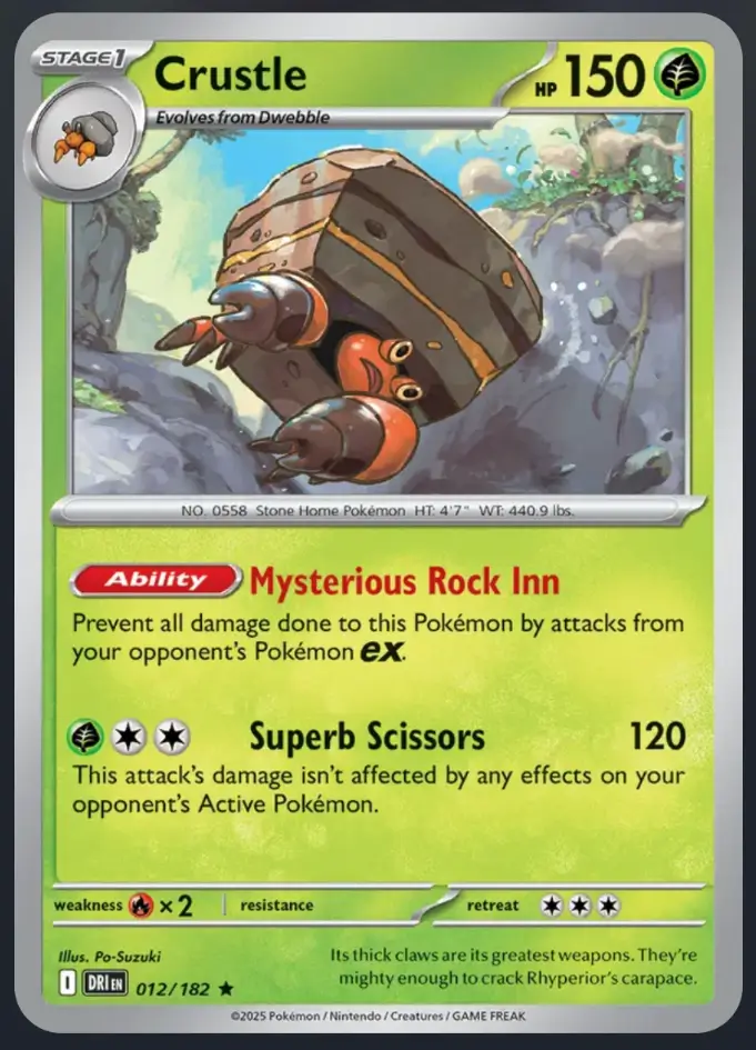 Crustle 012/182 carta Pokémon TCG tipo planta Stage 1 habilidad Mysterious Rock Inn inmune a Pokémon ex set Destined Rivals