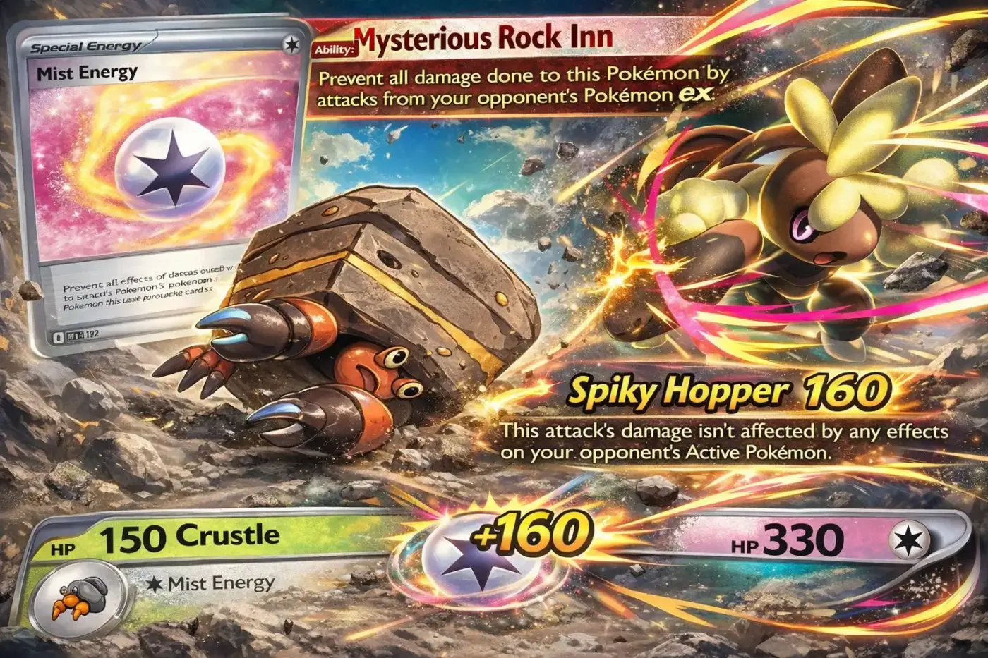 Crustle 150 HP con Mist Energy combo Pokémon TCG habilidad Mysterious Rock Inn inmune a ex ataque Spiky Hopper 160