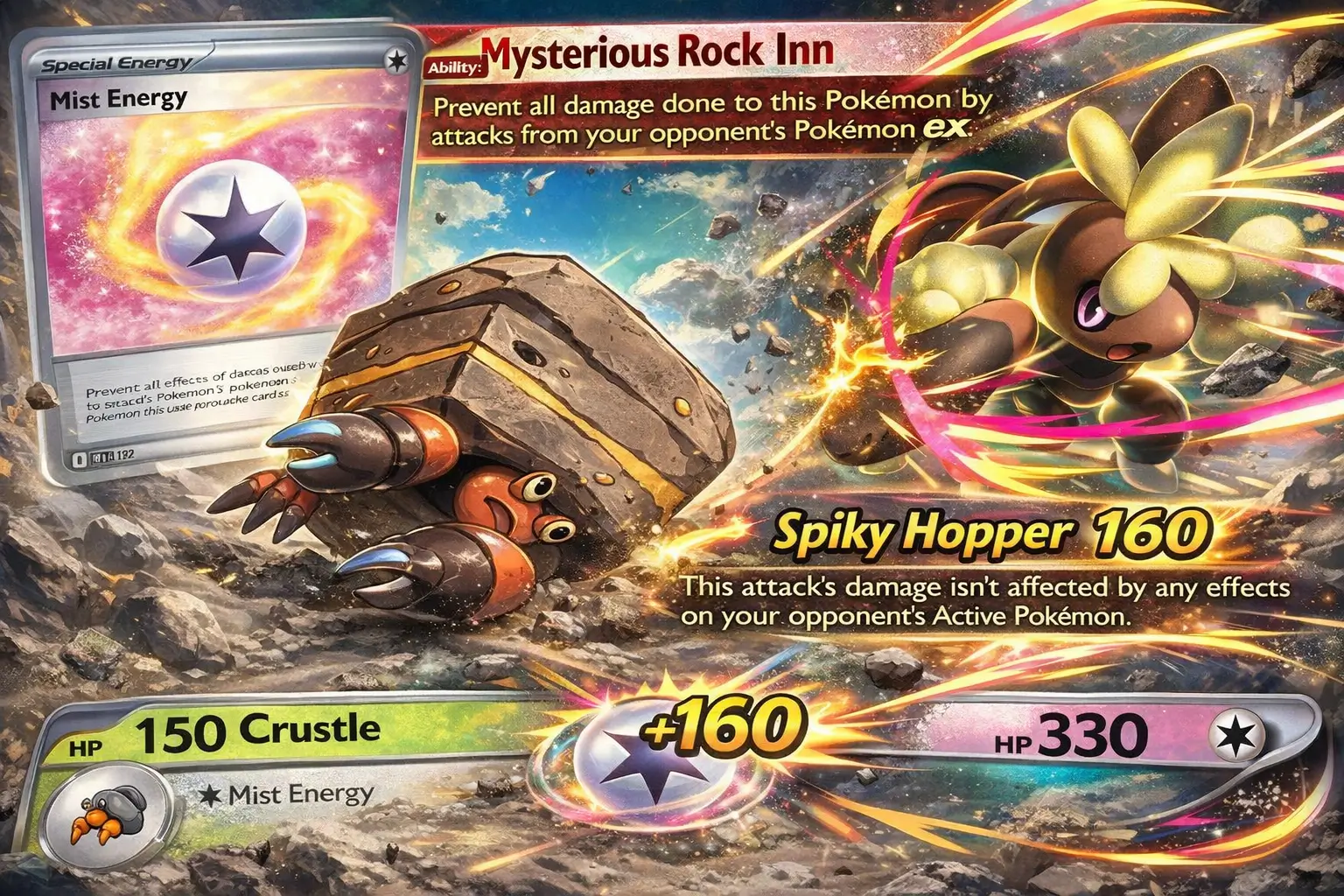 Crustle 150 HP con Mist Energy combo Pokémon TCG habilidad Mysterious Rock Inn inmune a ex ataque Spiky Hopper 160