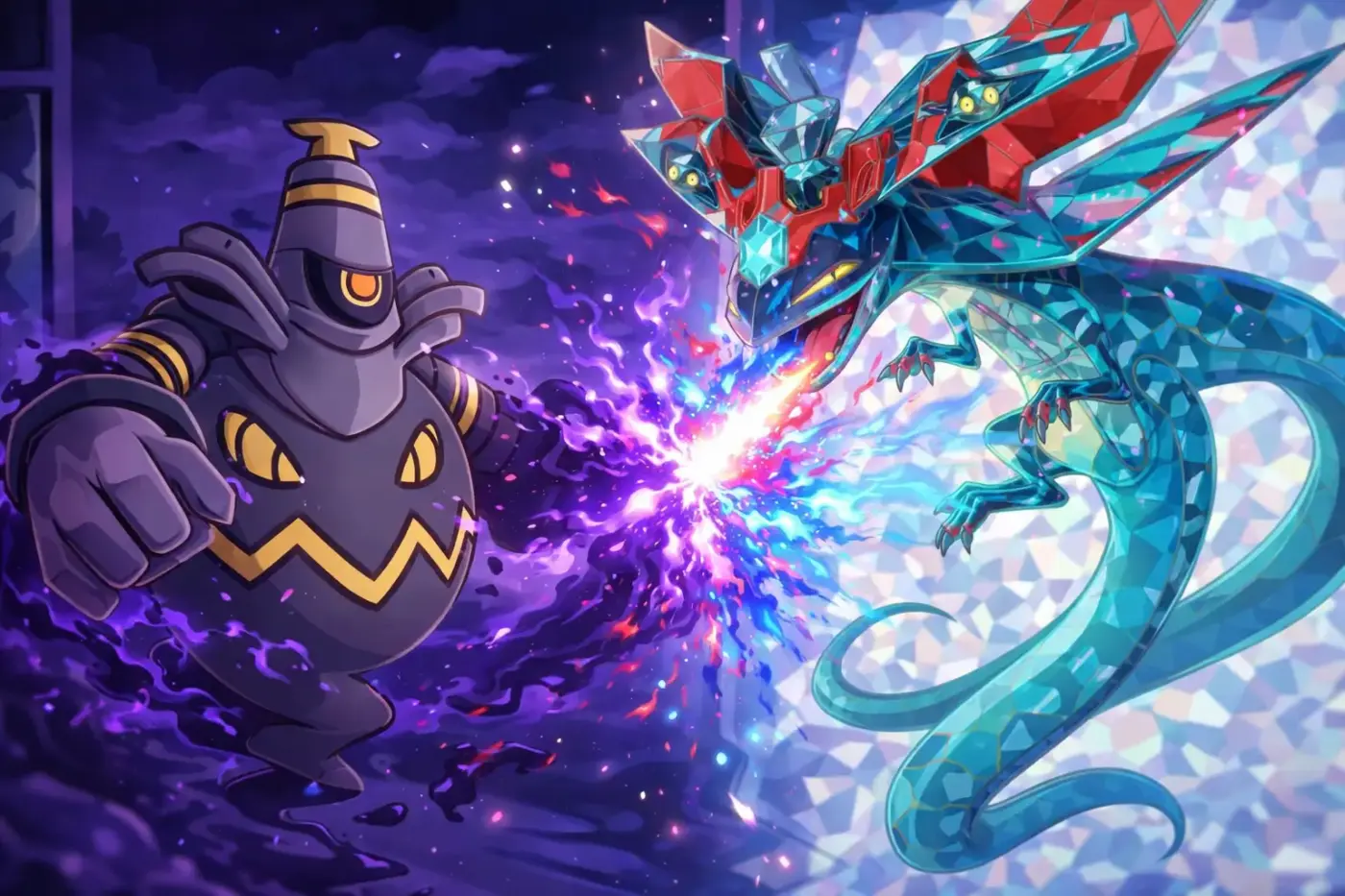 Ilustración de Dusknoir enfrentando a Rayquaza teracristal en una batalla intensa estilo Pokémon TCG competitivo con explosión de energía central.