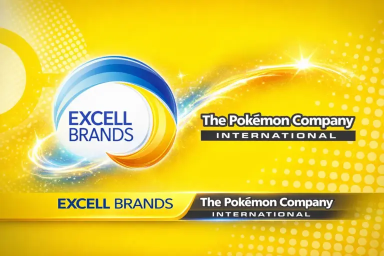 Excell Brands y The Pokémon Company International alianza colaboración oficial logos sobre fondo amarillo