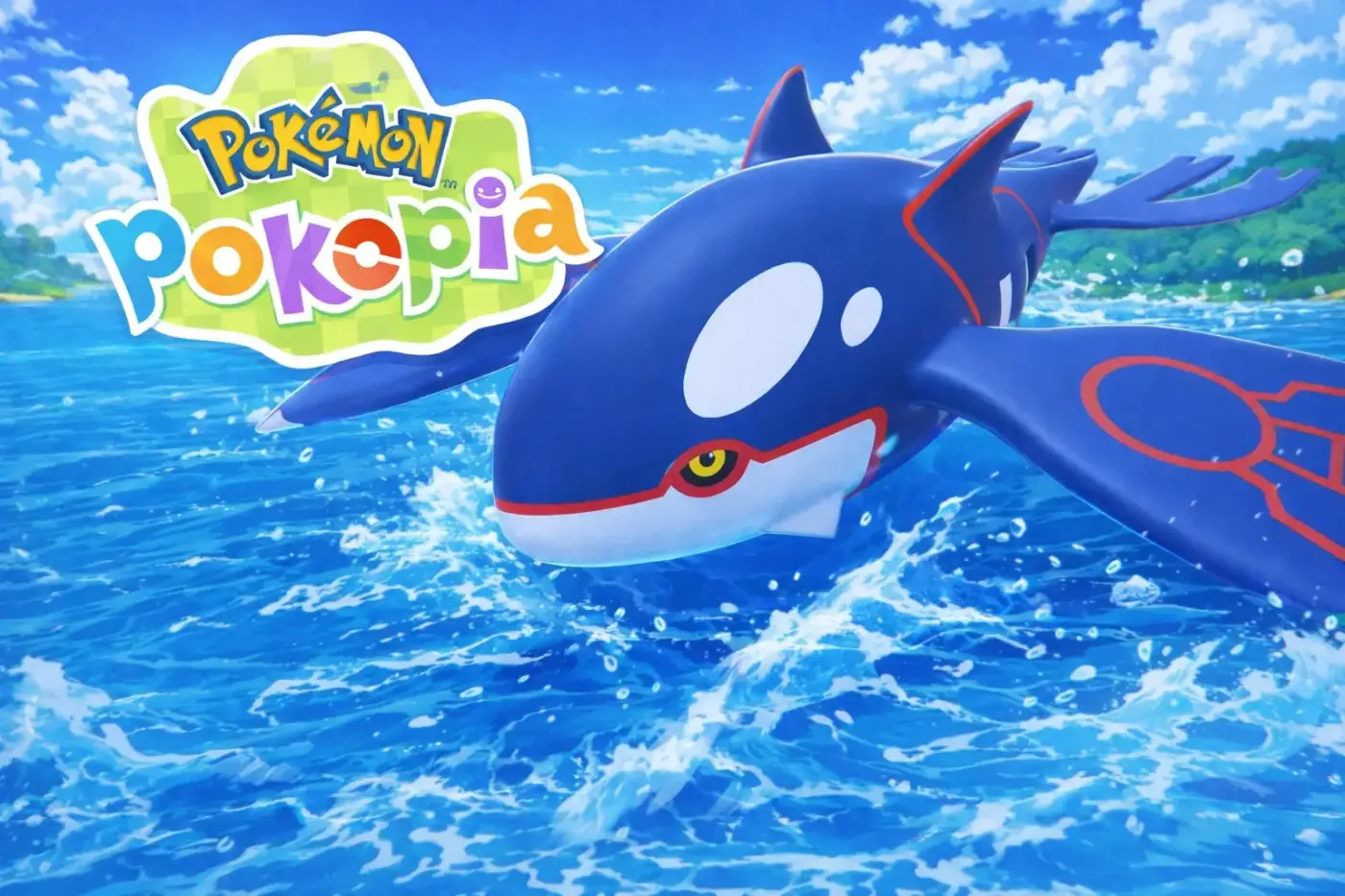 Kyogre legendario Pokémon Pokopia saltando en el océano arte oficial tipo Agua Hoenn