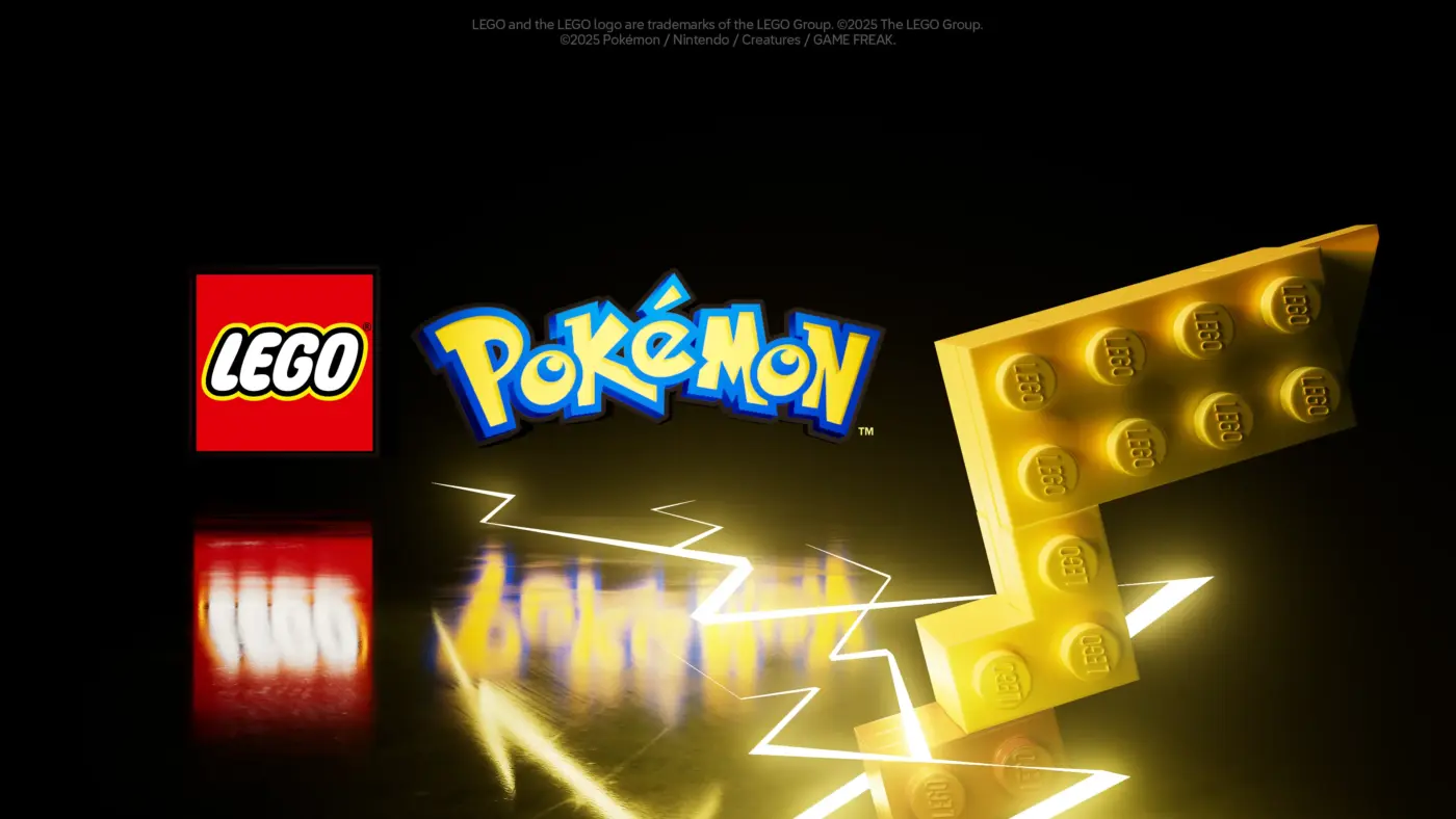 Anuncio oficial colaboración LEGO Pokémon 2025 logos con rayo amarillo y piezas LEGO doradas