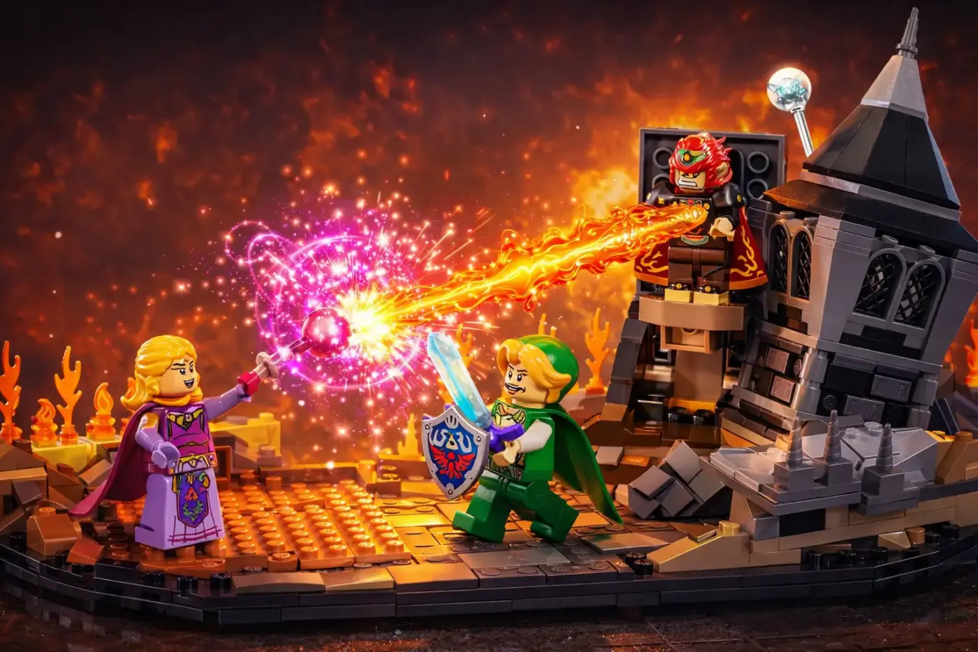 LEGO Zelda Ocarina of Time Link y Zelda vs Ganondorf en torre del castillo con efectos de magia y fuego