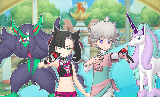 Marnie con Zarude y Bede con Rapidash Galarian Pokémon Masters EX arte oficial pareja entrenadores