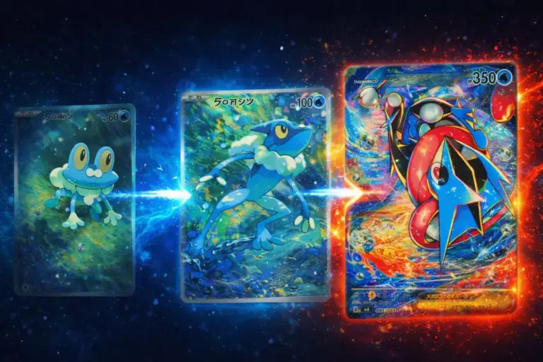 Línea evolutiva Mega Greninja ex TCG japonés cartas Froakie HP60 Frogadier HP100 Mega Greninja HP350 set M4