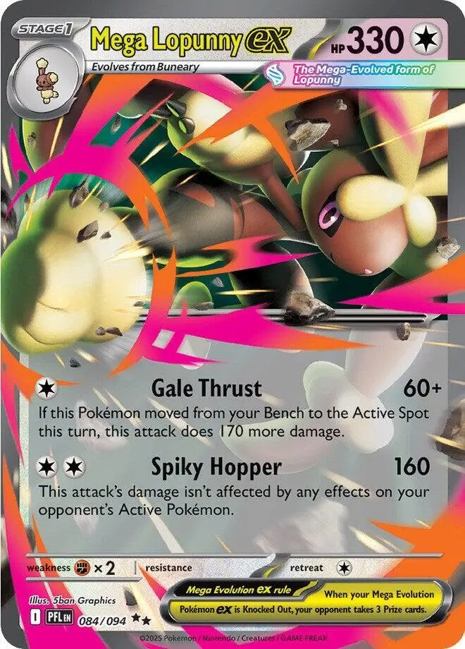 Mega Lopunny ex 084/094 carta Pokémon TCG tipo incoloro Stage 1 330 HP ataques Gale Thrust y Spiky Hopper set Paldean Fates