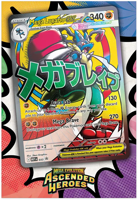Mega Lucario ex carta TCG 033 MEP HP 340 ataques Aura Jab 130 Mega Brave 270 Ascended Heroes
