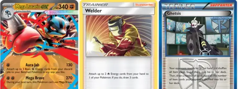 Mega Lucario ex 340 HP con Welder y Ghetsis cartas Pokémon TCG combo de aceleración de energía y control