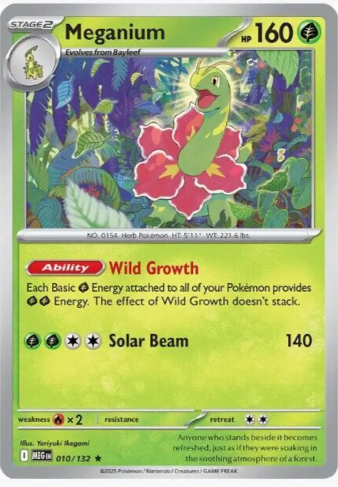 Meganium 010/132 carta Pokémon TCG tipo planta Stage 2 habilidad Wild Growth set Mega Evolution