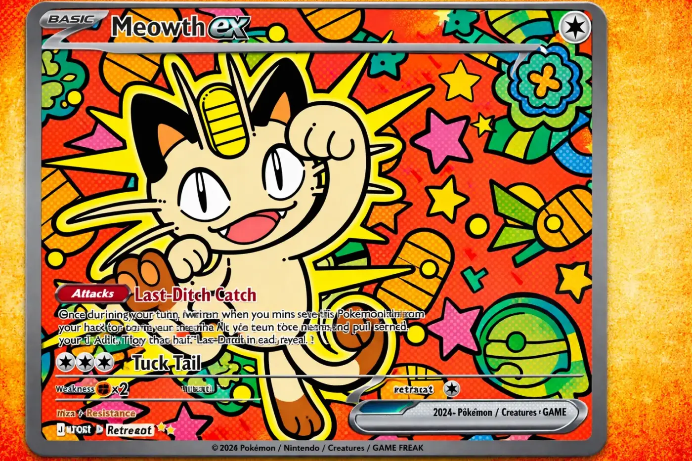 Meowth ex carta Pokémon TCG estilo pop-art ataques Last-Ditch Catch y Tuck Tail Scarlet & Violet 2024