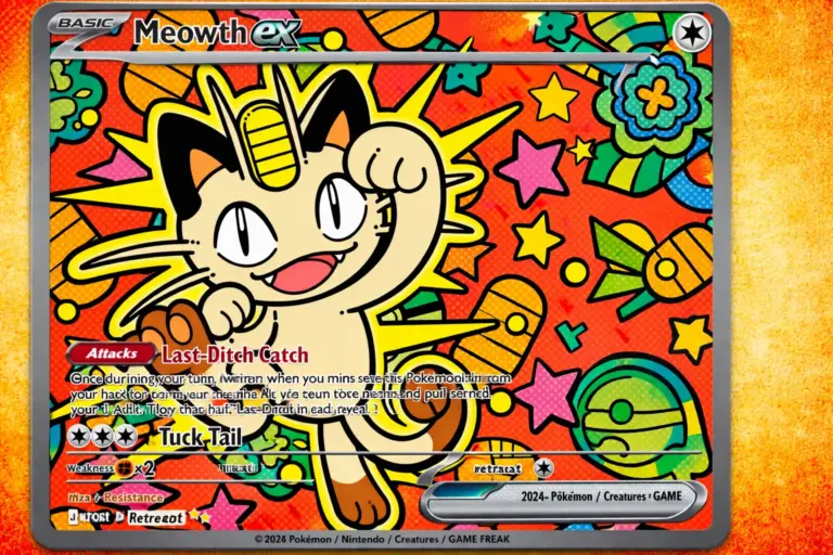 Meowth ex carta Pokémon TCG estilo pop-art ataques Last-Ditch Catch y Tuck Tail Scarlet & Violet 2024