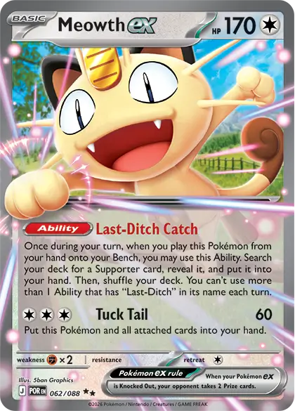 Meowth ex POR EN 062/088 Basic HP 170 Normal Last-Ditch Catch Tuck Tail TCG ilustrador 5ban Graphics