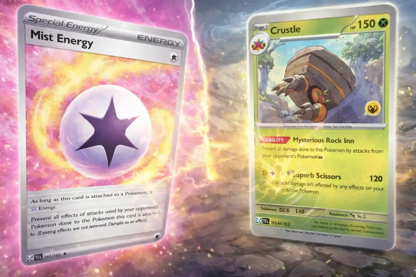 Mist Energy 161/162 y Crustle combo Pokémon TCG habilidad Mysterious Rock Inn inmune a Pokémon ex Temporal Forces