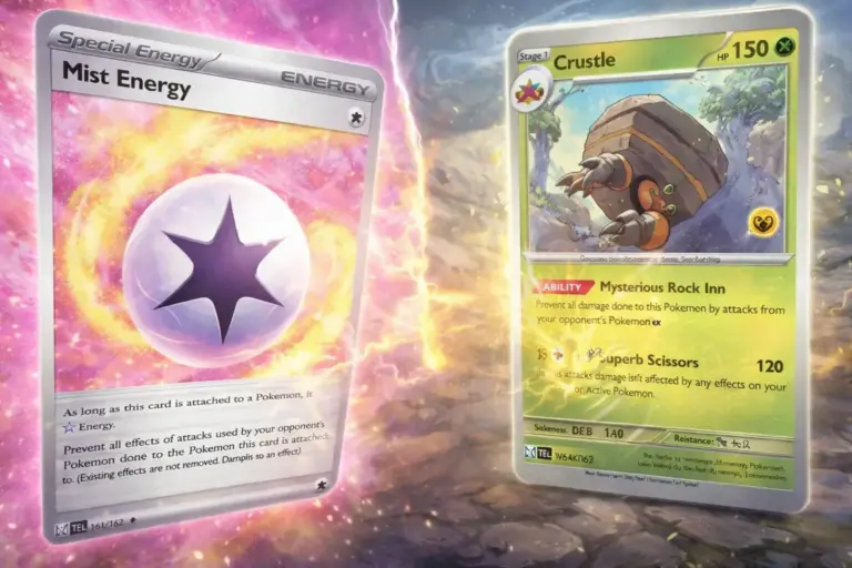 Mist Energy 161/162 y Crustle combo Pokémon TCG habilidad Mysterious Rock Inn inmune a Pokémon ex Temporal Forces
