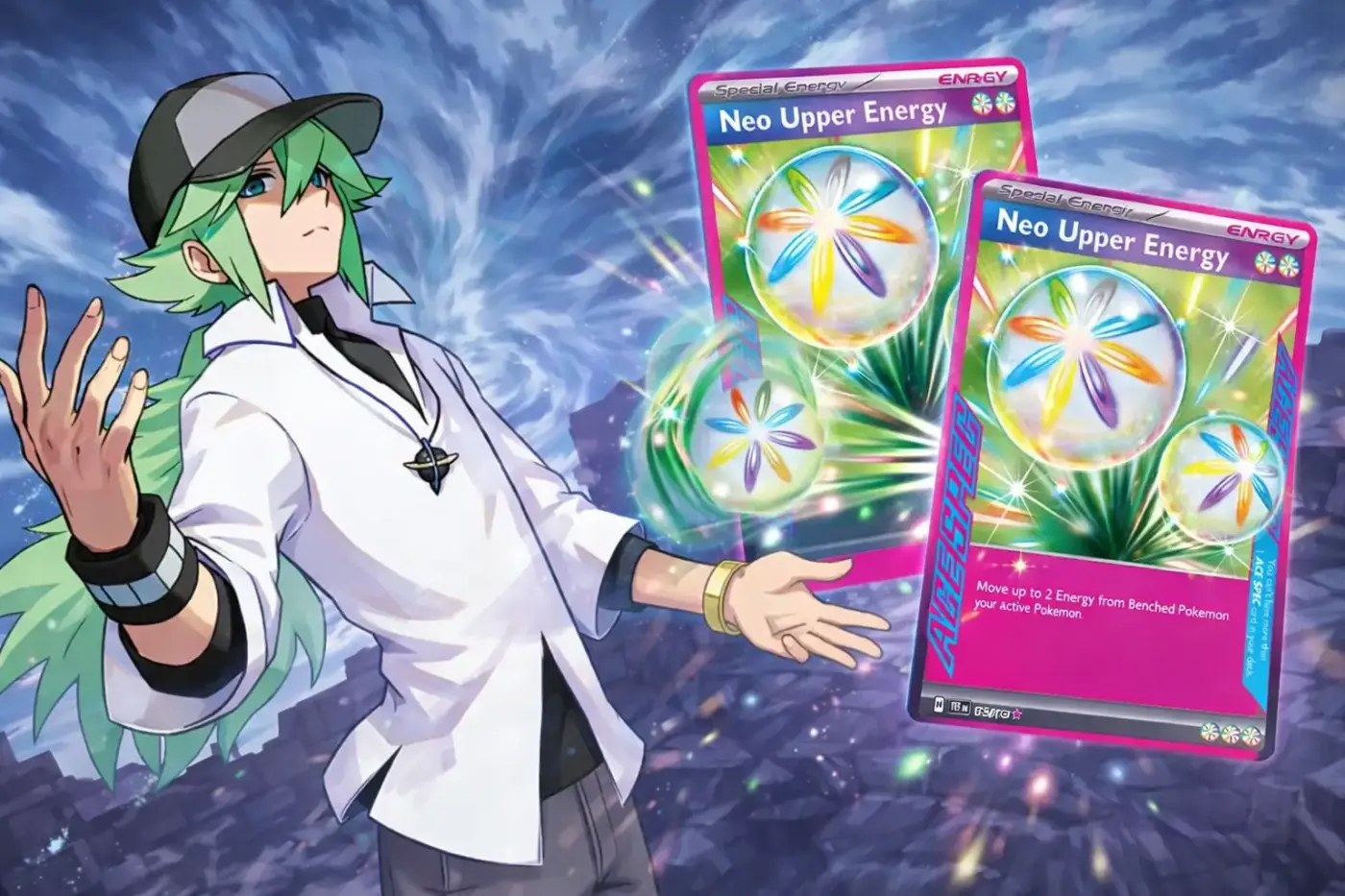 N personaje Pokémon con cartas Neo Upper Energy energía especial ACE SPEC Pokémon TCG arte editorial