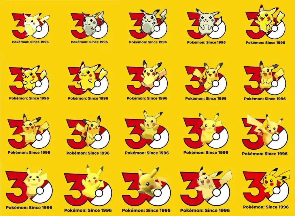 Pokémon 30 aniversario Since 1996 logos con la evolución visual de Pikachu a través de todas las generaciones