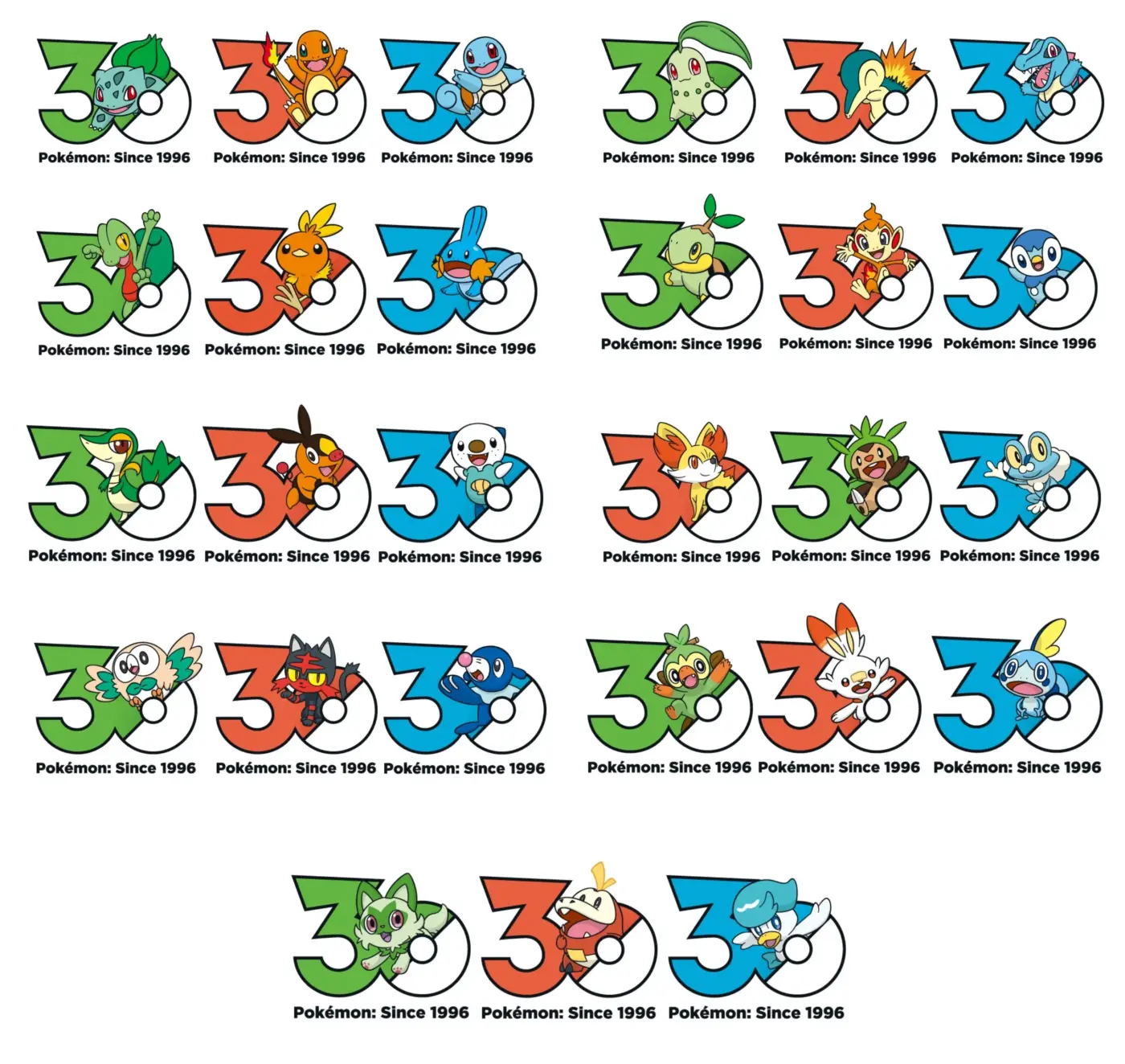 Logos 30 aniversario Pokémon Since 1996 con todos los iniciales de cada generación Kanto a Paldea