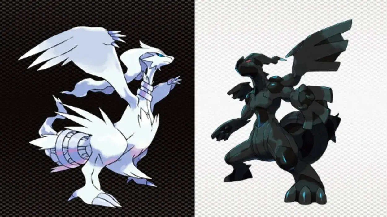 Pokémon Black y White Reshiram blanco y Zekrom negro legendarios de Unova arte comparativo oficial