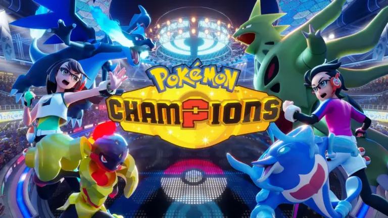 Pokémon Champions arte clave oficial logo con Lucario Tyranitar Hawlucha Greninja entrenadores