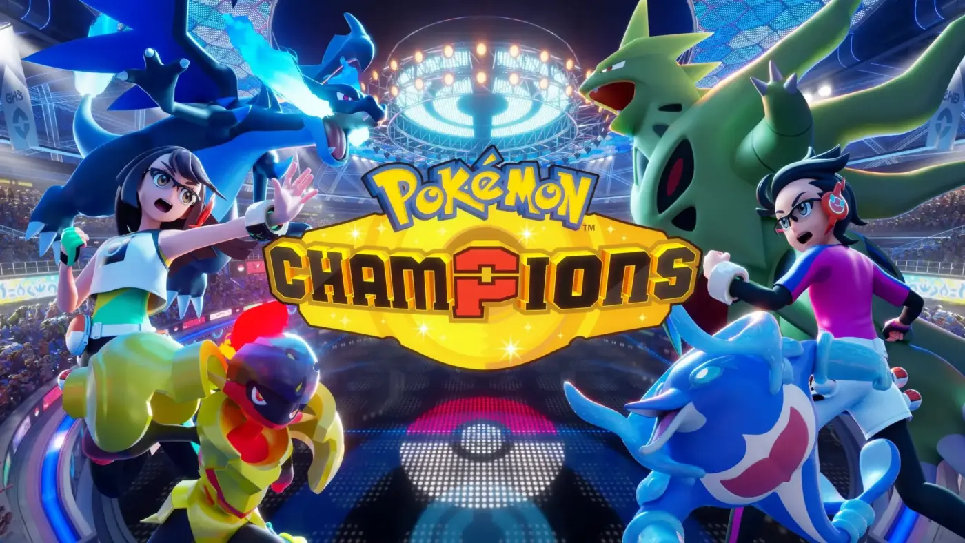 Pokémon Champions key art oficial con Mega Charizard X Tyranitar Hawlucha Azumarill y entrenadores en estadio