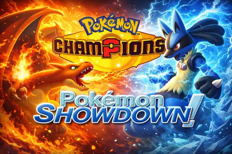 Pokémon Champions Showdown arte oficial con Charizard vs Lucario en batalla de fuego y electricidad