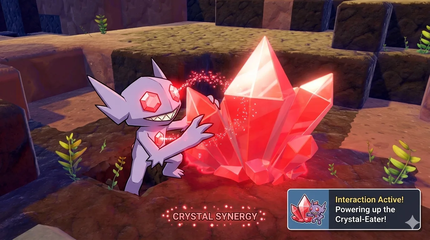 Sableye Pokopia Gem Hunt-Pokémon Crystal Synergy Sableye cristales rojos