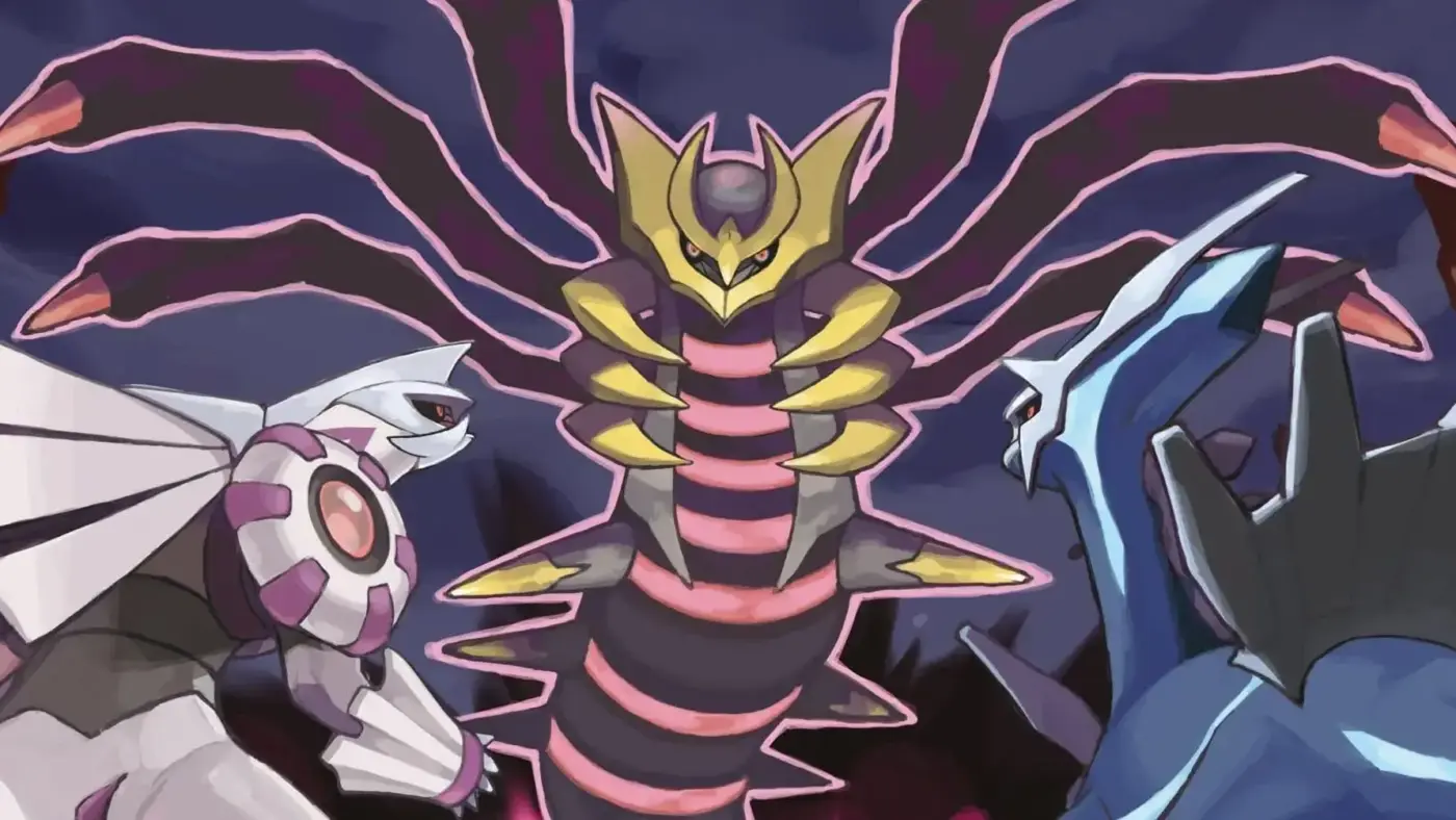 Pokémon Diamante Perla Platino Giratina Palkia y Dialga legendarios de Sinnoh arte oficial