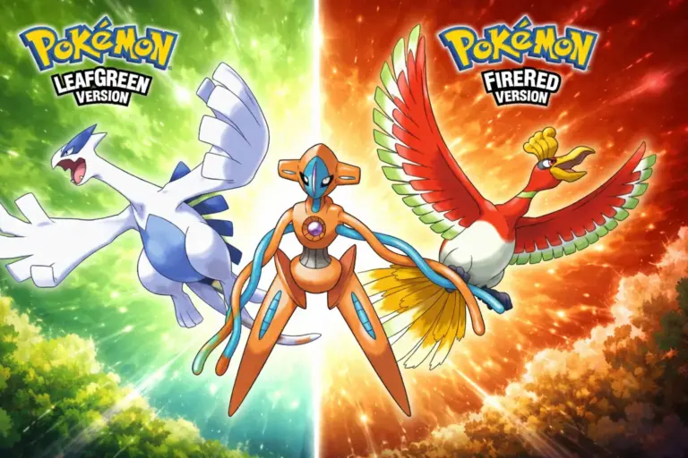 Pokémon FireRed y LeafGreen fan art con Lugia Deoxys y Ho-Oh legendarios en fondos verde y rojo