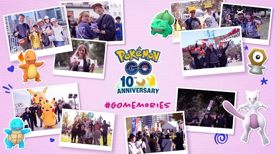Pokémon GO 10 aniversario GOMemories collage fotos entrenadores eventos con Bulbasaur Mewtwo Pikachu
