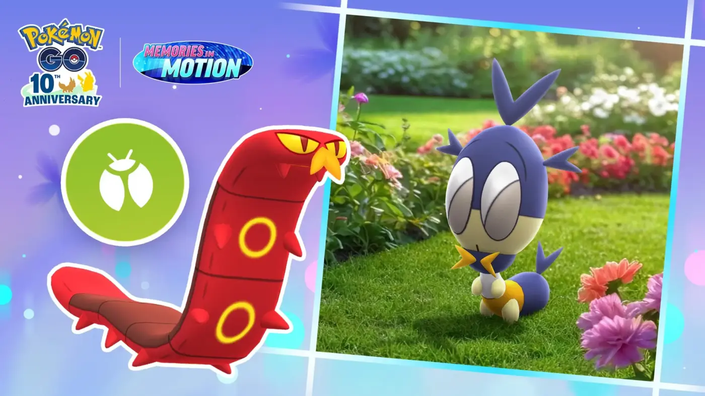 Pokémon GO 10 aniversario Memories in Motion Bug Out Nymble y nuevo Pokémon Bicho rojo en jardín AR
