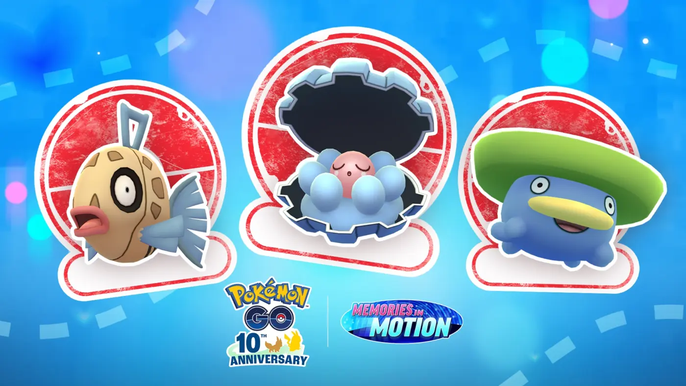 Pokémon GO 10 aniversario Memories in Motion Feebas Clamperl Lotad stickers insignias evento agua