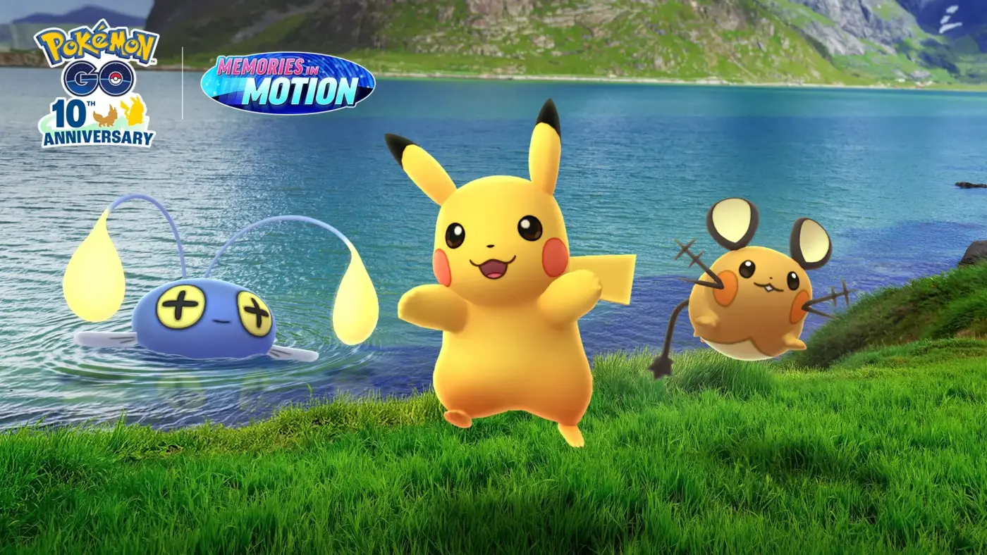 Pokémon GO 10 aniversario Memories in Motion Pikachu Chinchou Dedenne evento eléctrico AR paisaje