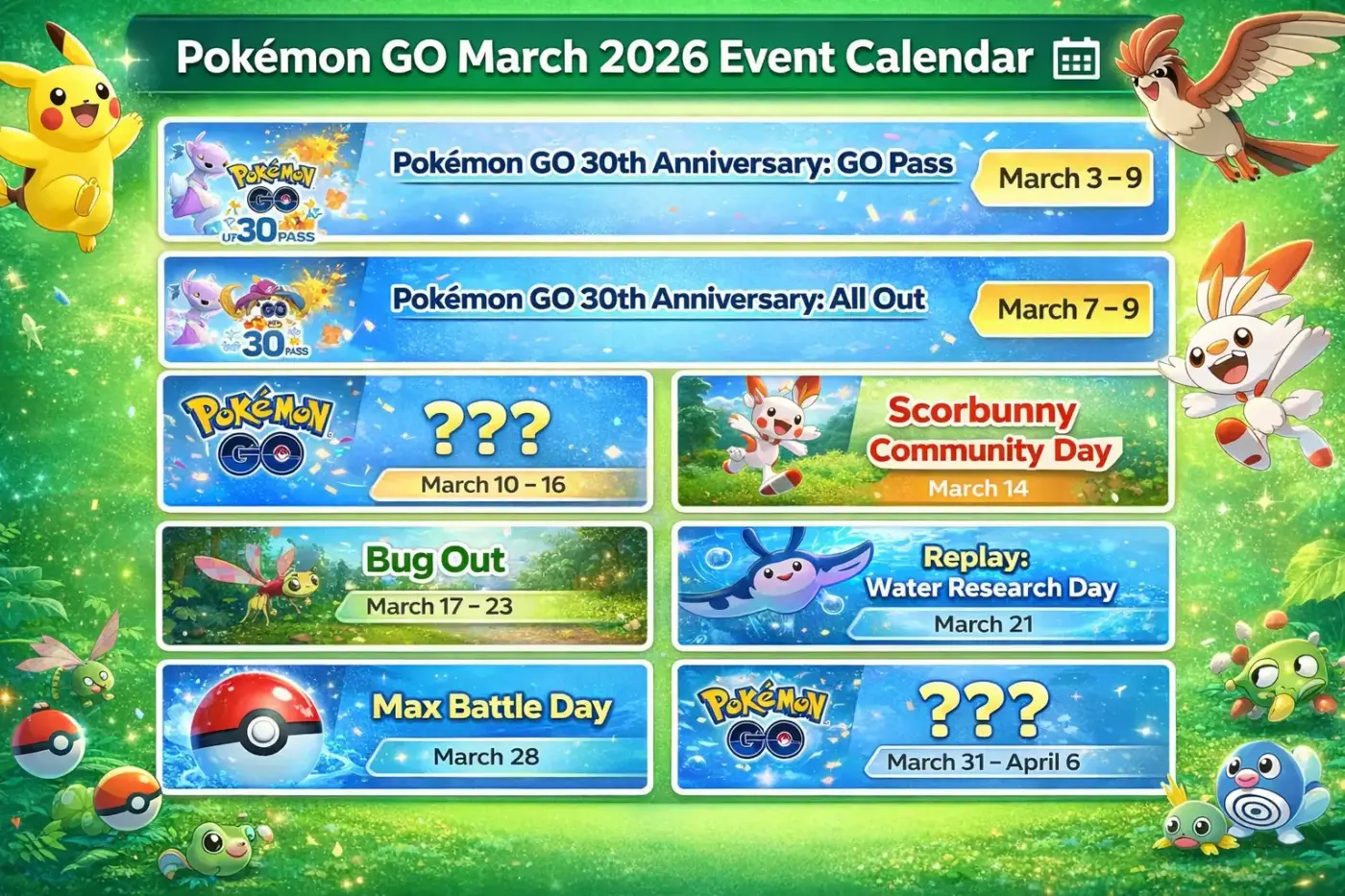 Calendario de eventos Pokémon GO marzo 2026 con 30 aniversario, Community Day Scorbunny y Max Battle Day