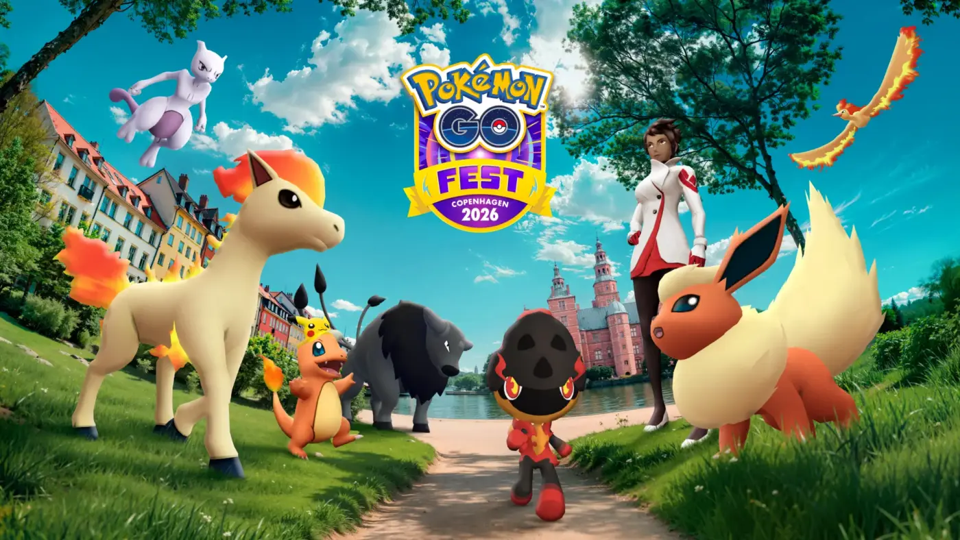 Pokémon GO Fest Copenhagen 2026 arte oficial con Mewtwo Ponyta Charmander Tauros Flareon Moltres y entrenadora