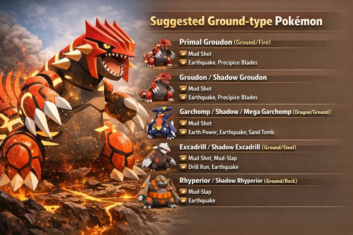 Guía Pokémon GO Pokémon tipo Tierra sugeridos Primal Groudon Garchomp Excadrill Rhyperior ataques