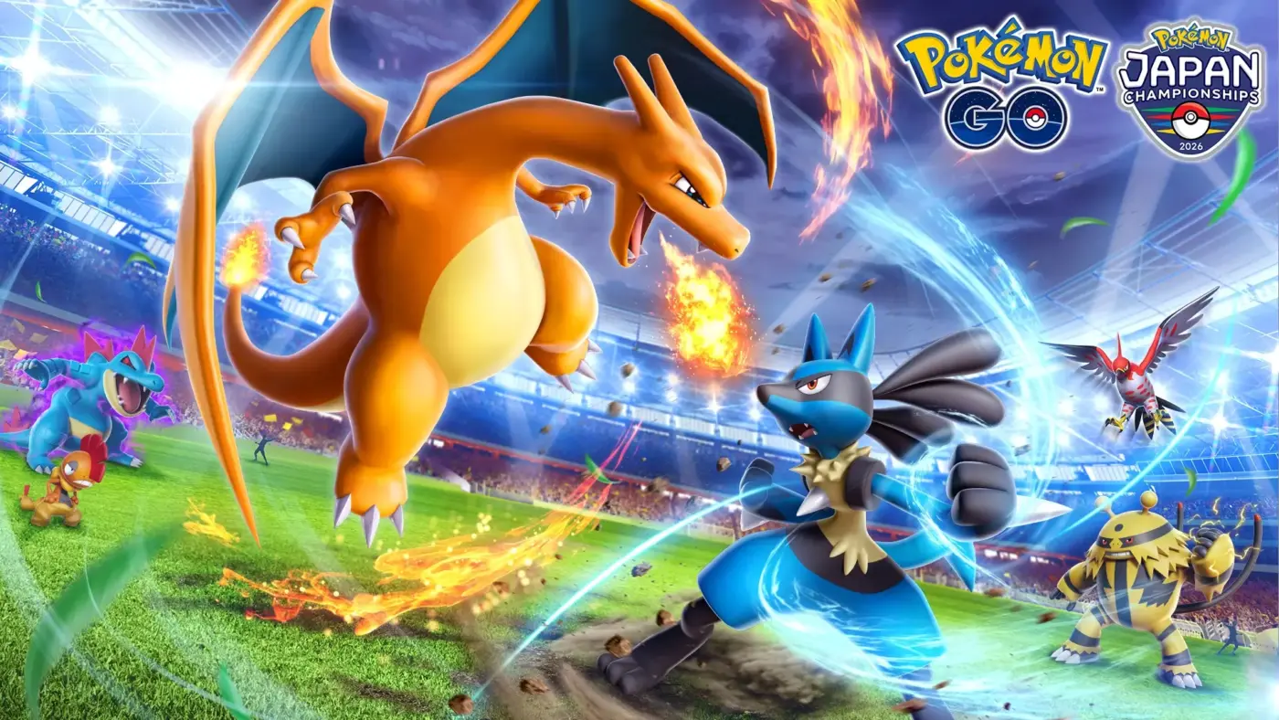 Pokémon GO Japan Championships 2026 arte oficial Charizard vs Lucario en estadio con Electivire y Staraptor