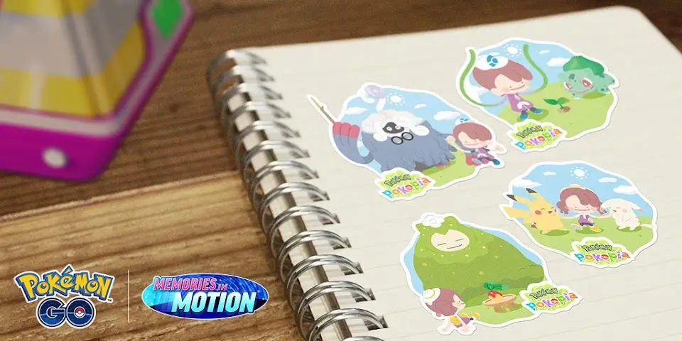 Pokémon GO Memories in Motion stickers Pokopia con Bulbasaur Pikachu Snorlax y entrenadora en libreta