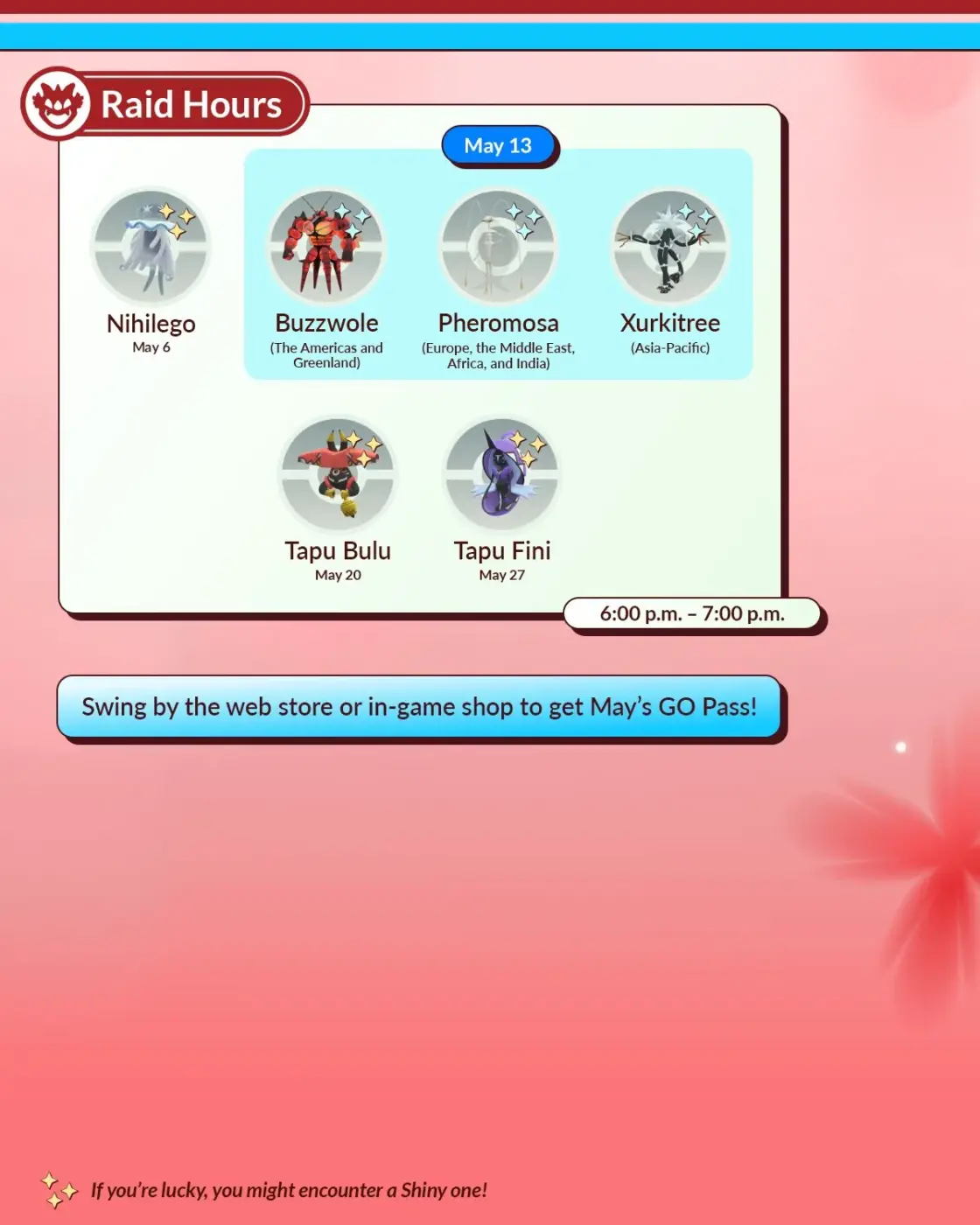 Pokémon GO mayo 2026-Pokémon GO Raid Hours mayo Nihilego Buzzwole Pheromosa Xurkitree Tapu Bulu Tapu Fini